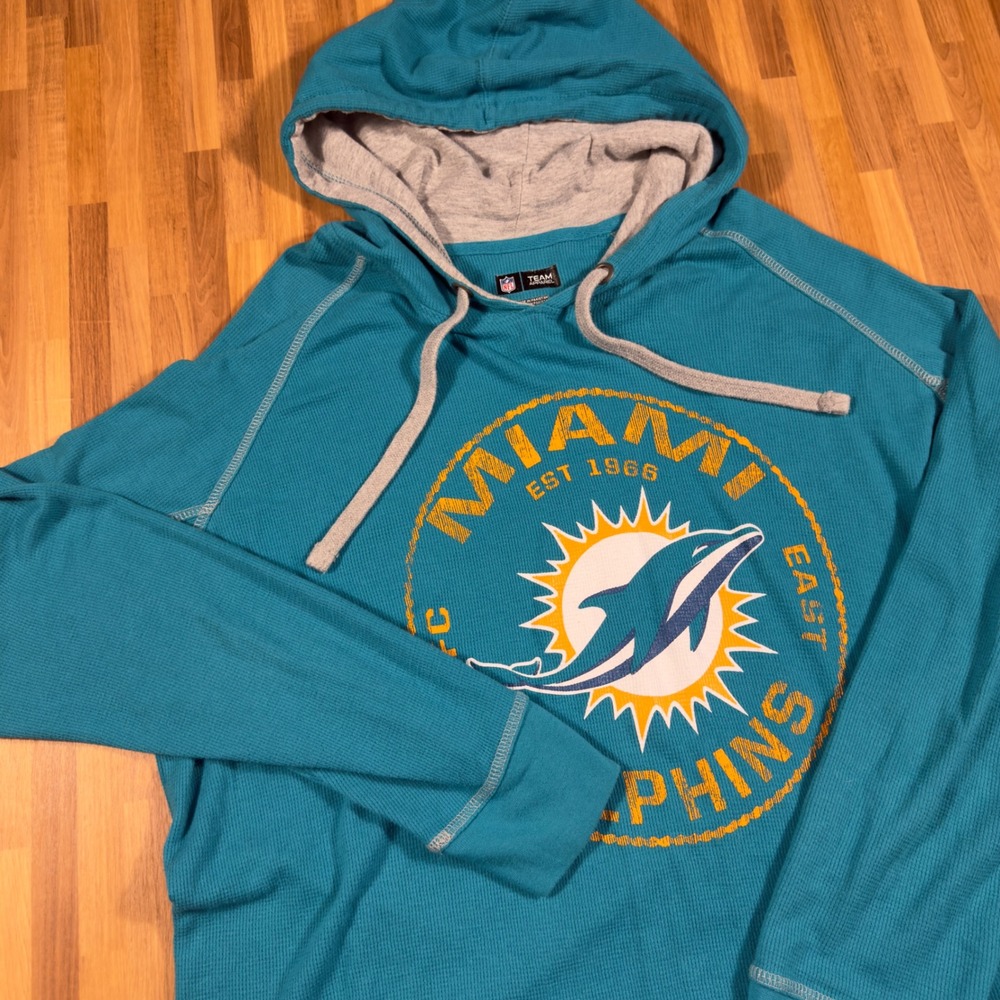 NFL Team Apparel Miami Dolphins Waffle Knit Thermal Hoodie Aqua Teal Mens XL